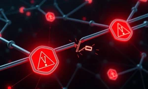 Smart contracts security breach showing interconnected blockchain networks with vulnerability warnings