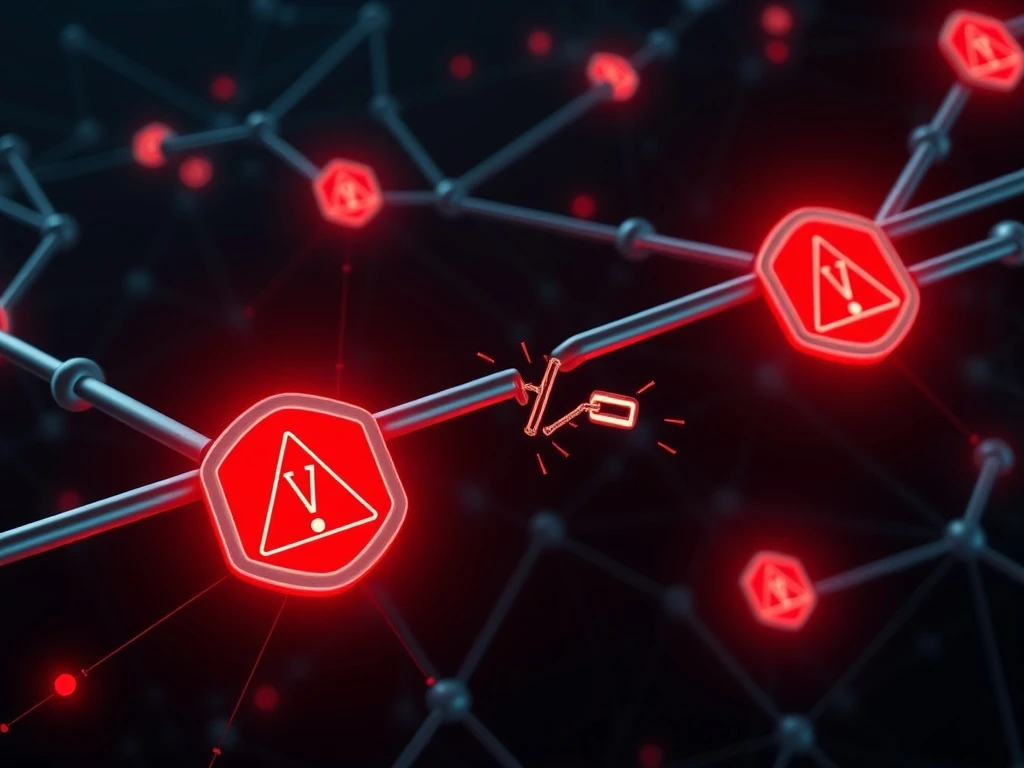 Smart contracts security breach showing interconnected blockchain networks with vulnerability warnings