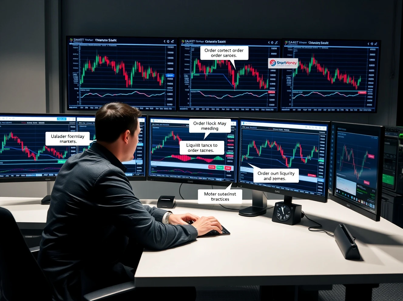 Smart Money Concepts trading strategy analysis showing forex charts with order blocks and liquidity zones