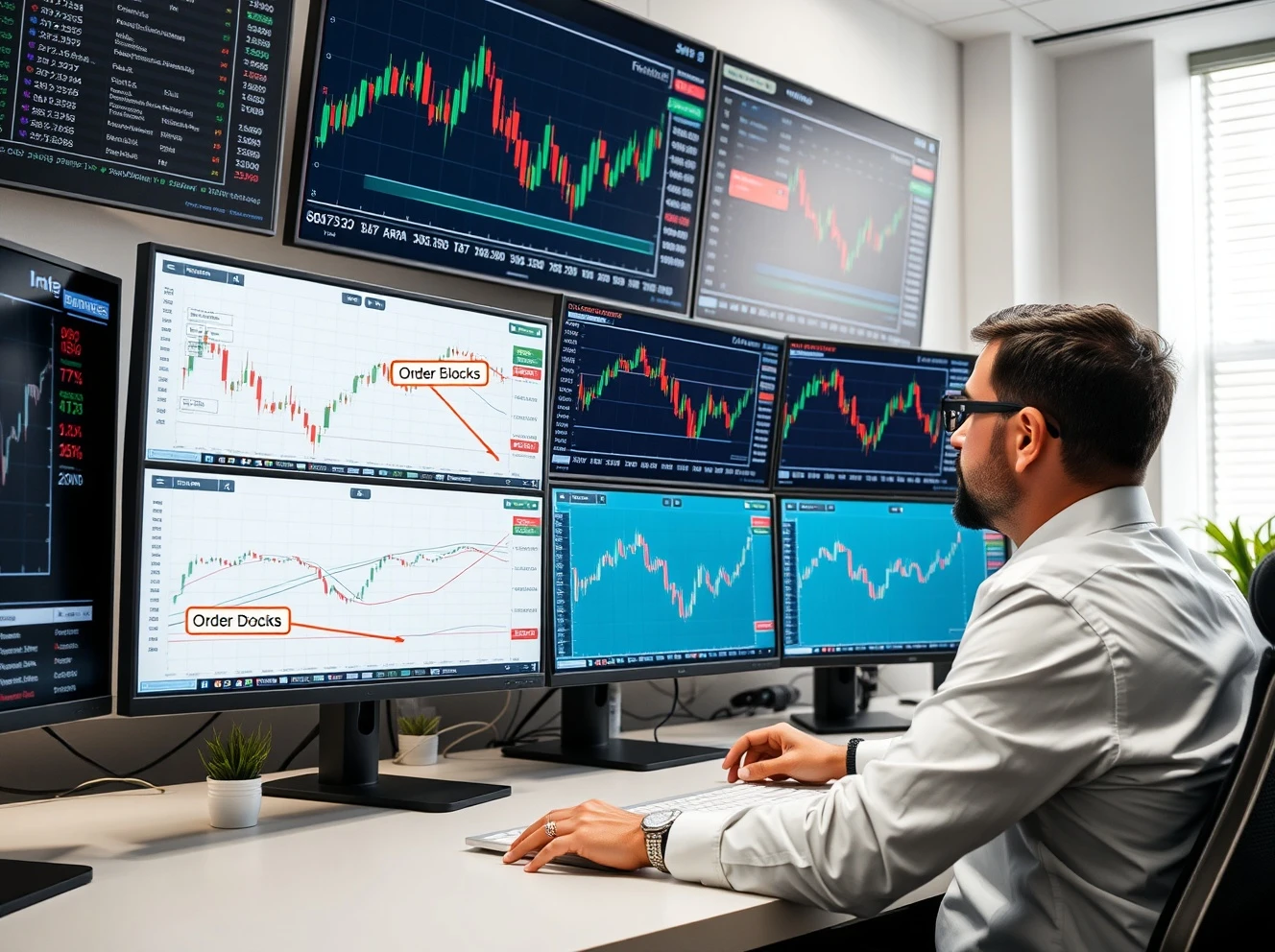 Professional trader analyzing Smart Money Concepts patterns on forex charts with order blocks and liquidity zones