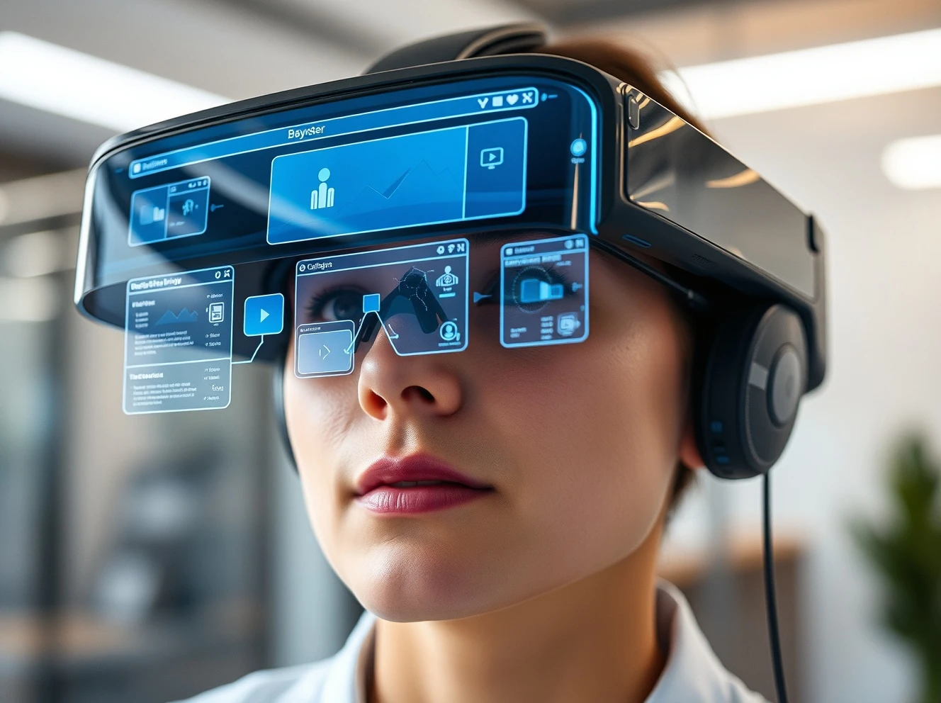 Snap OS 2.0 powered AR glasses displaying interactive holographic browser interface with WebXR content