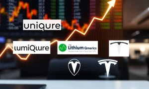 Upward trending stocks today showing uniQure, Lithium Americas and Tesla performance gains