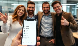 Successful social app founders celebrating their pivot strategy achievement with mobile interface