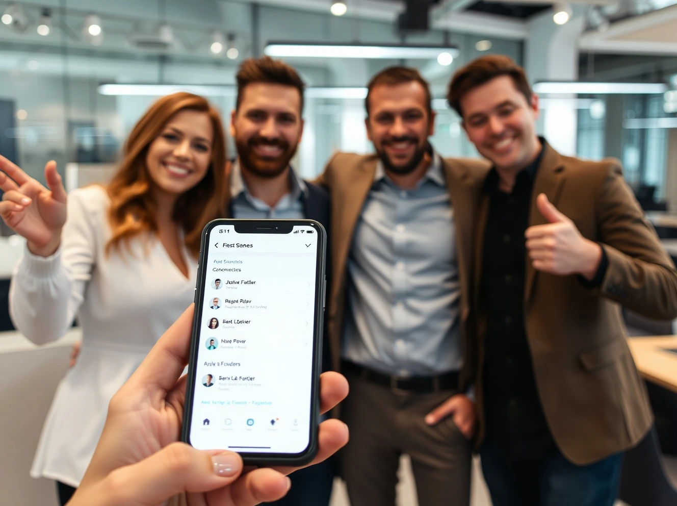 Successful social app founders celebrating their pivot strategy achievement with mobile interface