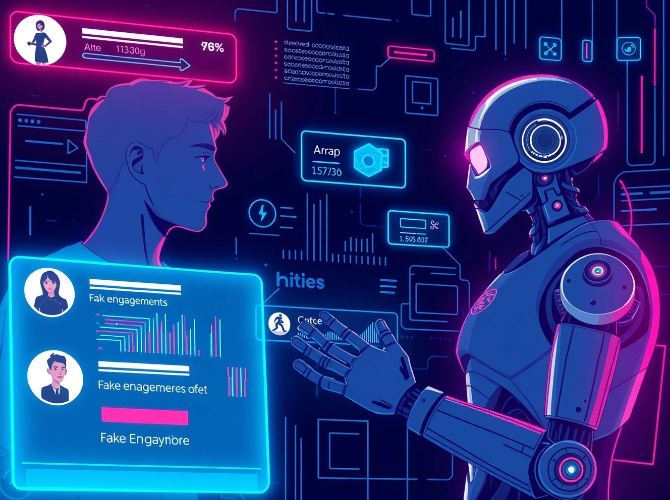 Social media bots creating artificial engagement and fake conversations on digital platforms