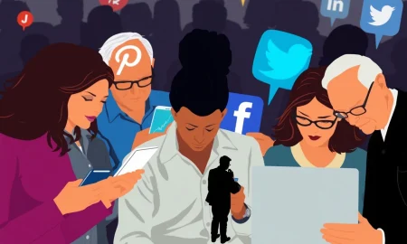 An investor confidently using a smartphone, surrounded by social media feeds and stock charts, highlighting the impact of social media investing on financial decisions.