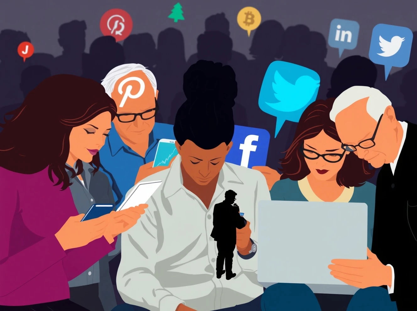 An investor confidently using a smartphone, surrounded by social media feeds and stock charts, highlighting the impact of social media investing on financial decisions.