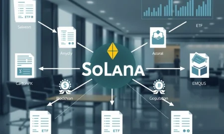 Solana ETF regulatory analysis showing blockchain network with financial documents and compliance symbols