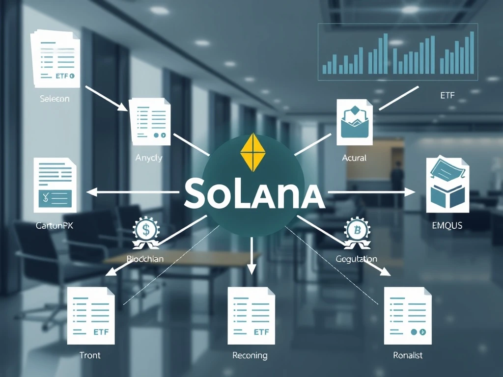 Solana ETF regulatory analysis showing blockchain network with financial documents and compliance symbols