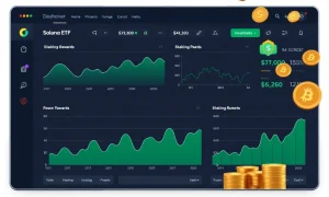 Solana ETF investment dashboard showing staking rewards and performance metrics