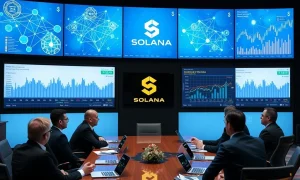 Corporate Solana investment strategy meeting with blockchain analytics dashboard