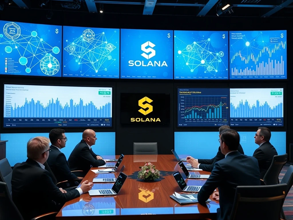 Corporate Solana investment strategy meeting with blockchain analytics dashboard