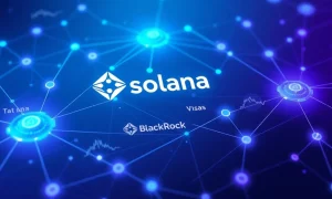 Solana investment analysis showing blockchain network with major financial partnerships and price charts