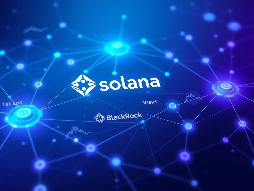 Solana investment analysis showing blockchain network with major financial partnerships and price charts