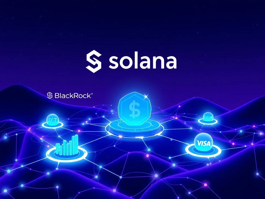 Solana investment analysis showing blockchain network connecting major financial institutions with price charts