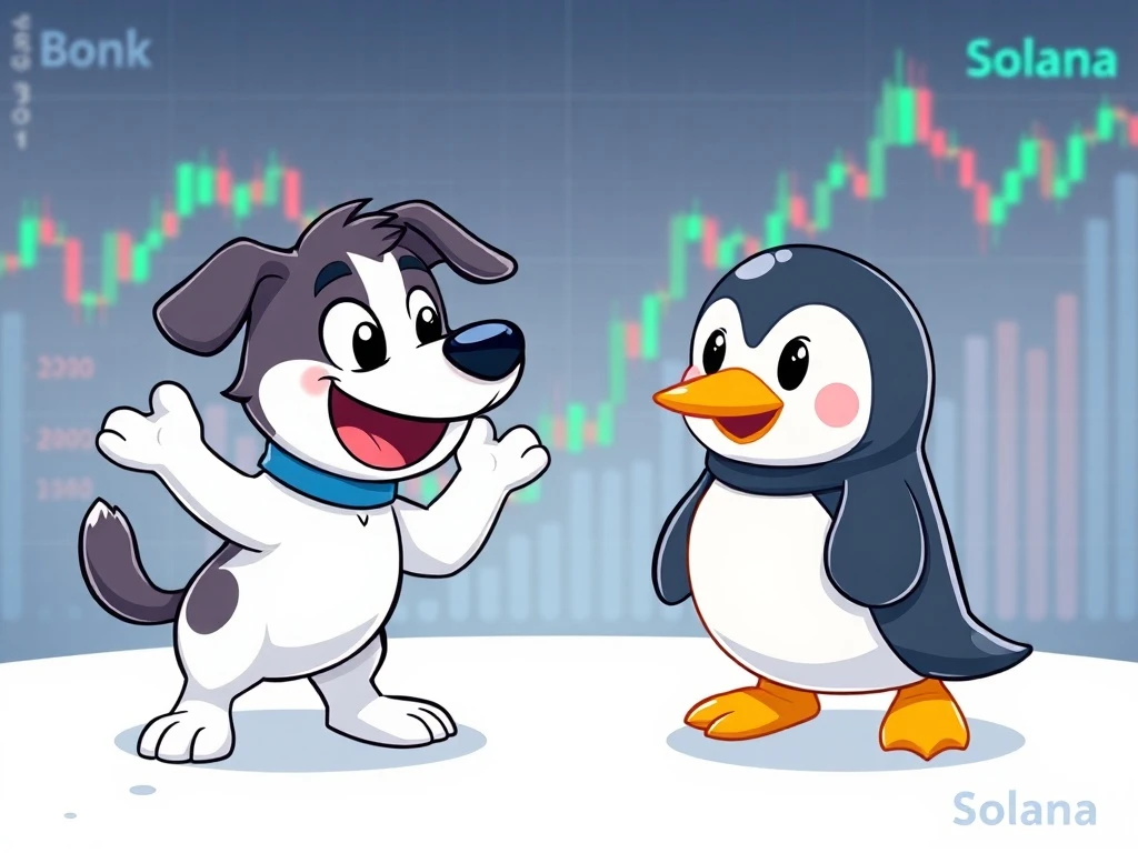 Solana meme coin battle between Bonk dog and Pengu penguin characters on blockchain platform