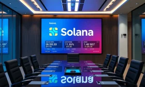 Solana Nasdaq listing celebration showing blockchain technology merging with traditional finance