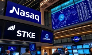 Solana Nasdaq listing celebration with STKE ticker symbol displayed on trading floor monitors