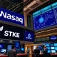Solana Nasdaq listing celebration with STKE ticker symbol displayed on trading floor monitors