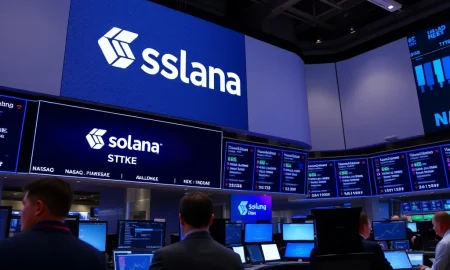 Solana's breakthrough Nasdaq listing celebration with STKE ticker symbol and institutional investors