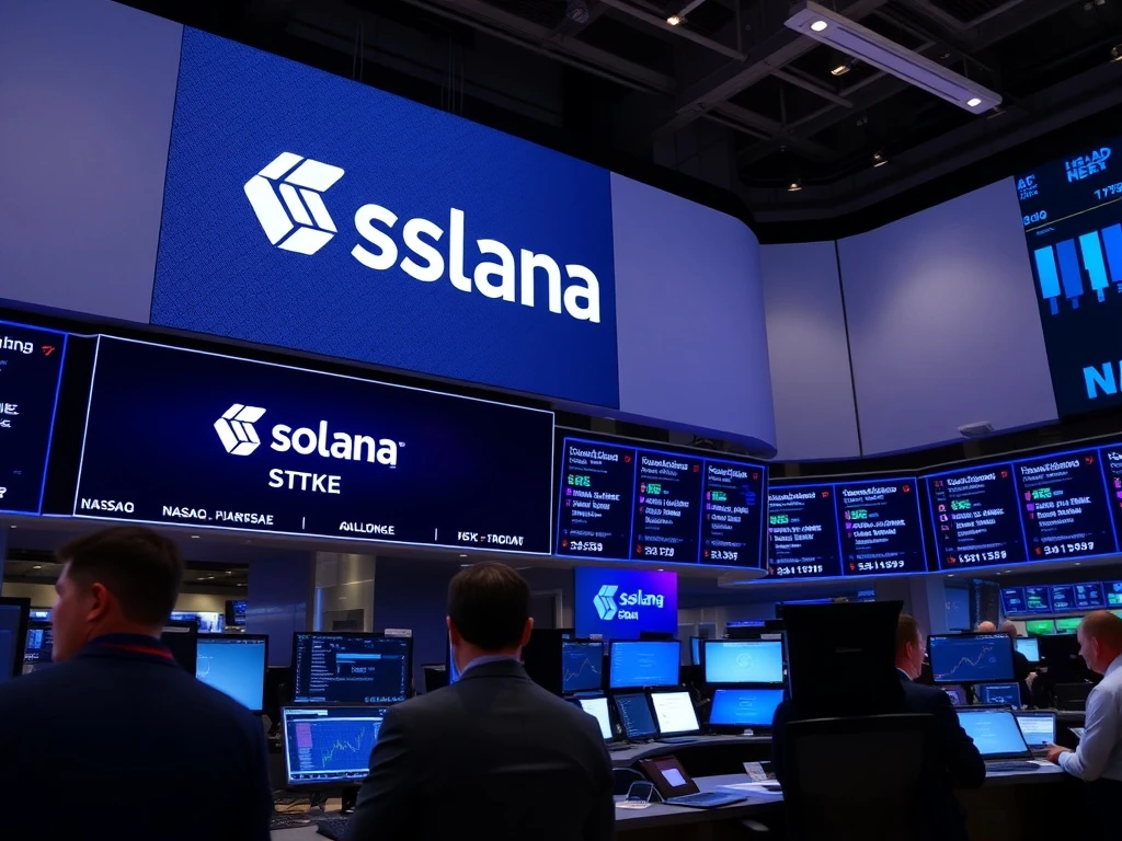 Solana Nasdaq listing celebration with STKE ticker symbol on digital market display