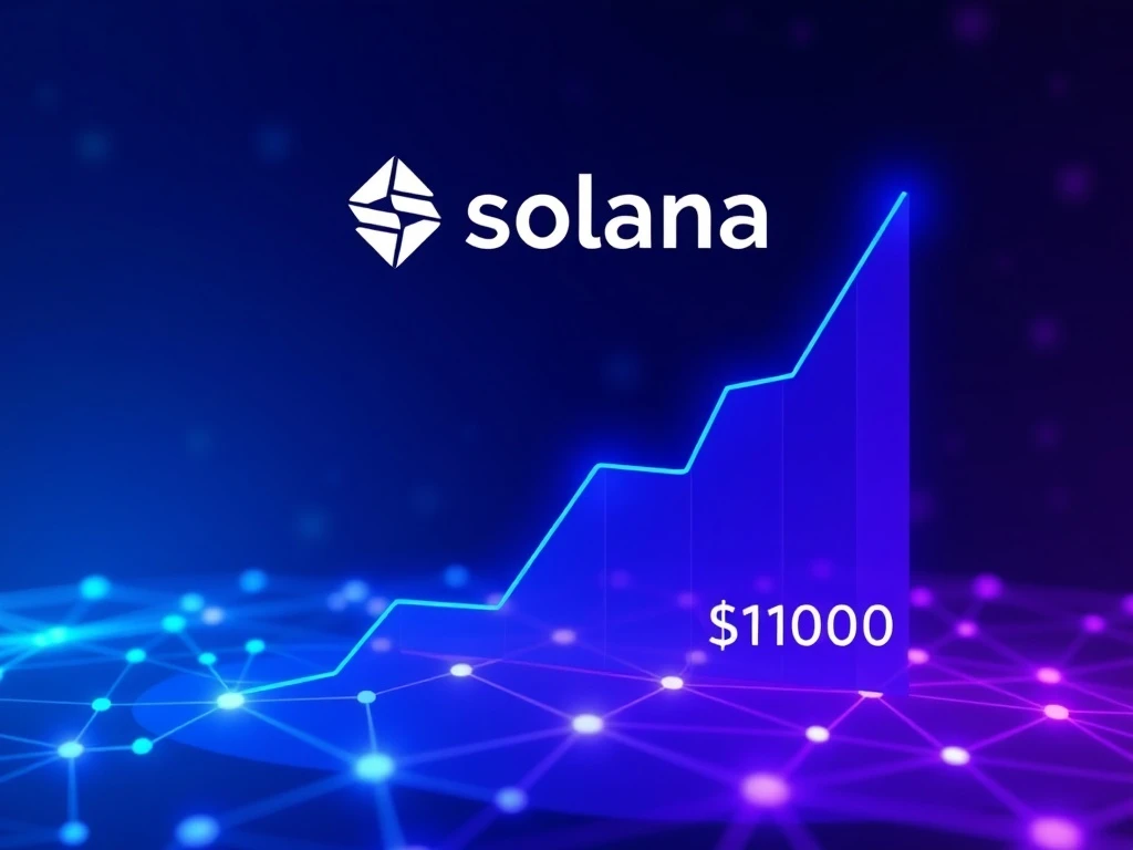 Solana price prediction chart showing bullish momentum toward $1000 target with blockchain network background