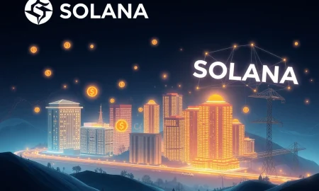 Solana RWA transformation showing digital tokens converting into real-world assets with blockchain network background