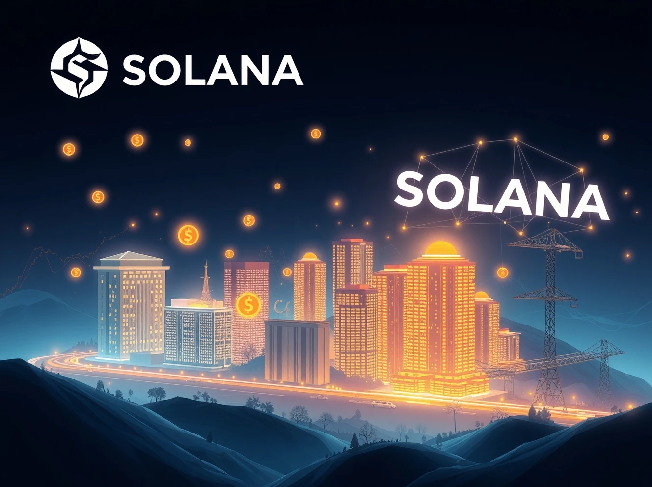 Solana RWA transformation showing digital tokens converting into real-world assets with blockchain network background