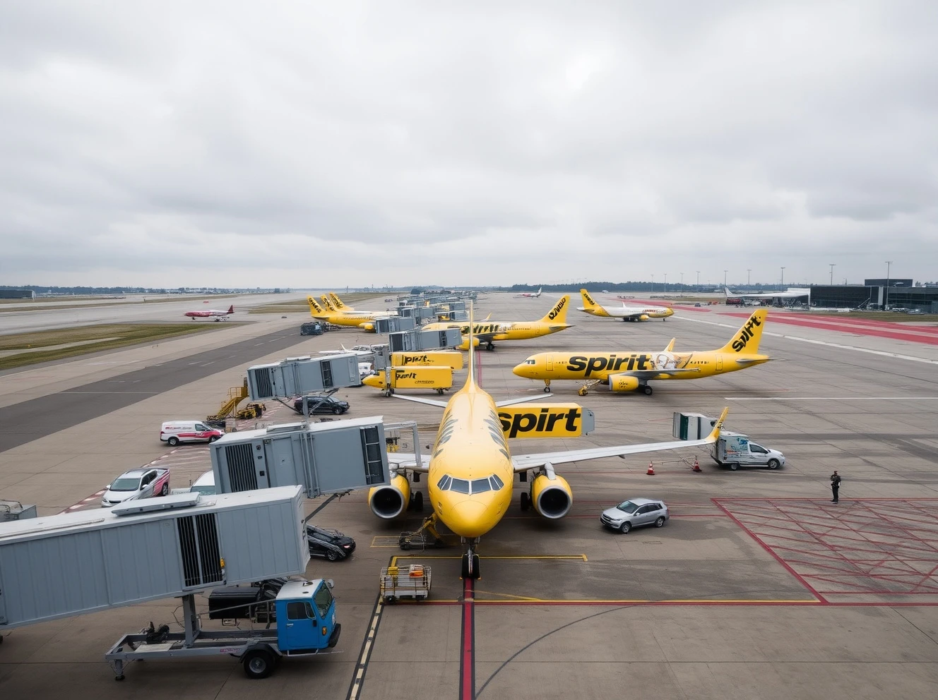 Spirit Airlines bankruptcy crisis showing grounded aircraft and empty terminals during financial restructuring