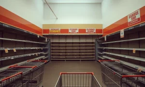 Empty sporting goods retailer store with closed signs and clearance banners indicating massive shutdown