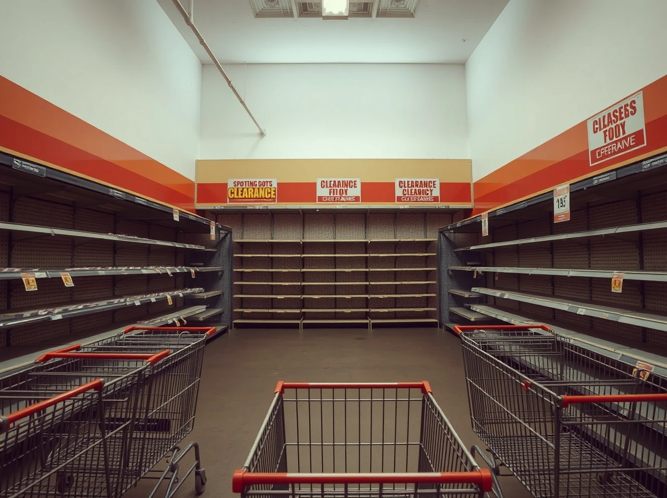 Empty sporting goods retailer store with closed signs and clearance banners indicating massive shutdown