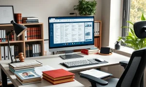 Professional home office setup for starting a personal injury law firm with modern technology