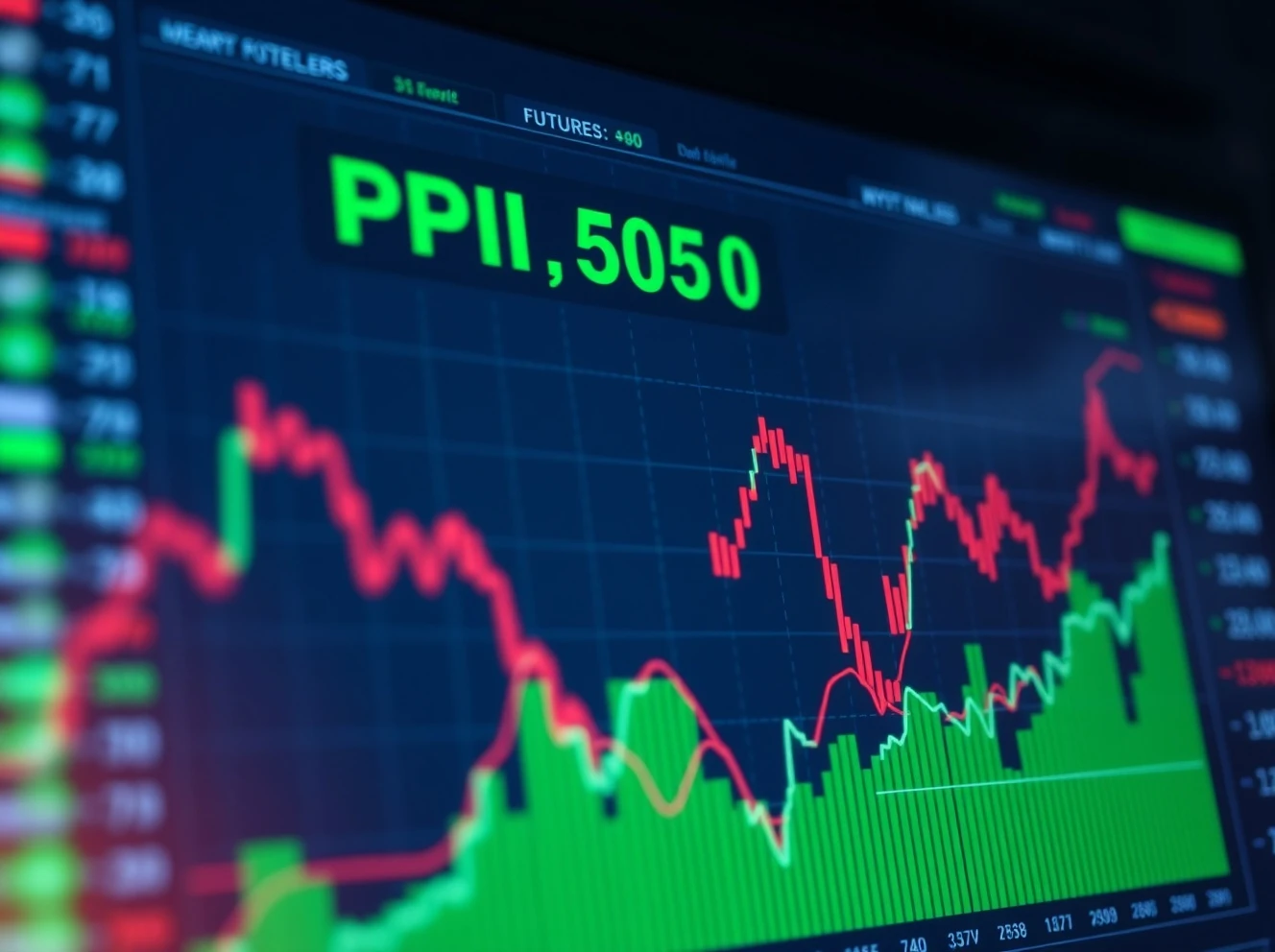 Rising stock futures dashboard showing pre-market gains ahead of PPI data release