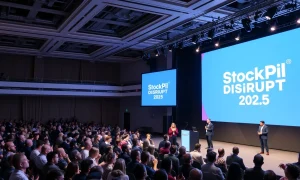 StockPil Disrupt 2025 conference stage featuring tech leaders discussing IPO strategies and startup scaling
