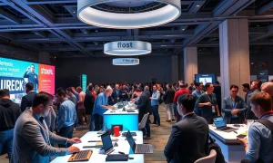Entrepreneurs showcasing innovations at StockPil Disrupt 2025 exhibition tables to investors and attendees