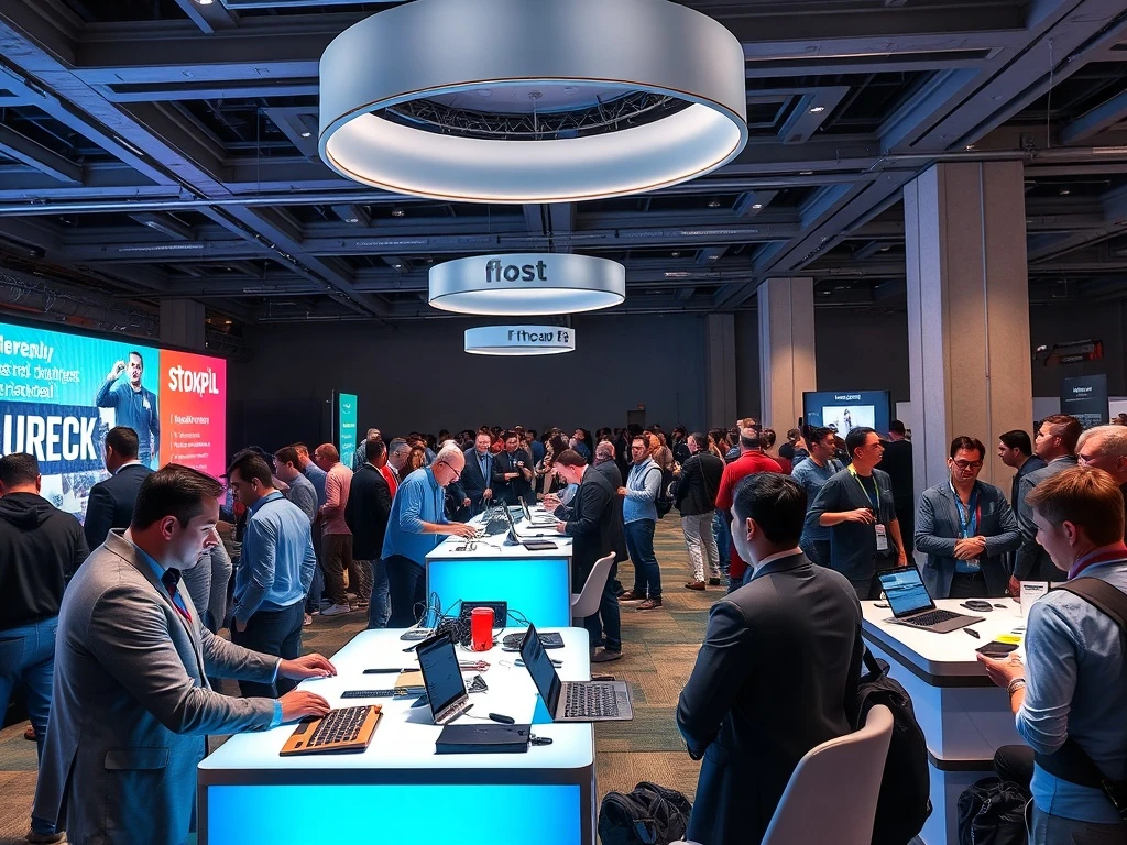 Entrepreneurs showcasing innovations at StockPil Disrupt 2025 exhibition tables to investors and attendees