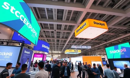 Entrepreneurs networking at StockPil Disrupt 2025 tech conference exhibition hall