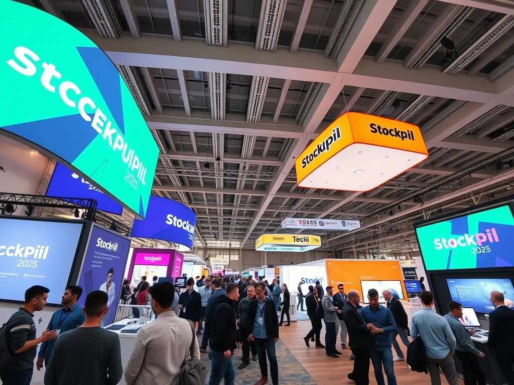 Entrepreneurs networking at StockPil Disrupt 2025 tech conference exhibition hall