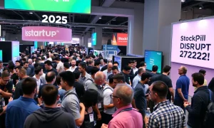 Tech professionals networking at StockPil Disrupt 2025 conference with startup demonstrations