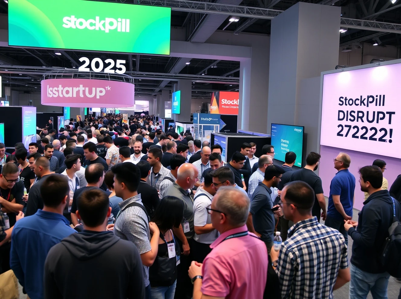 Tech professionals networking at StockPil Disrupt 2025 conference with startup demonstrations