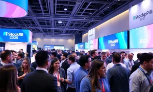 Entrepreneurs networking at StockPil Disrupt 2025 conference with vibrant atmosphere
