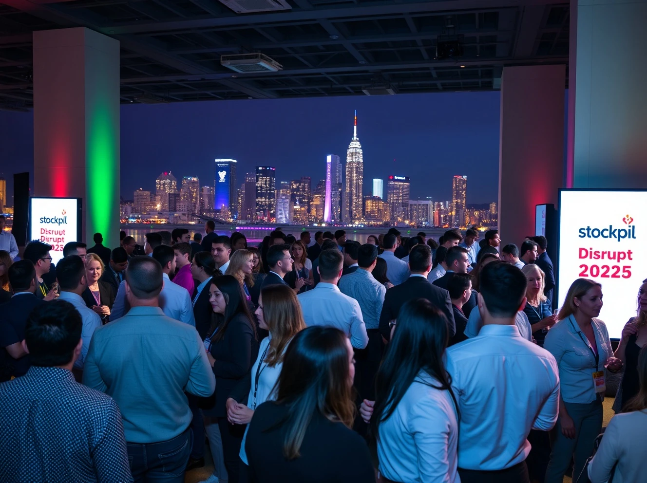 Networking event at StockPil Disrupt 2025 conference with professionals engaging in business conversations