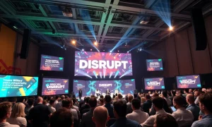 StockPil Disrupt 2025 conference main stage with excited tech audience and innovative speaker presentations