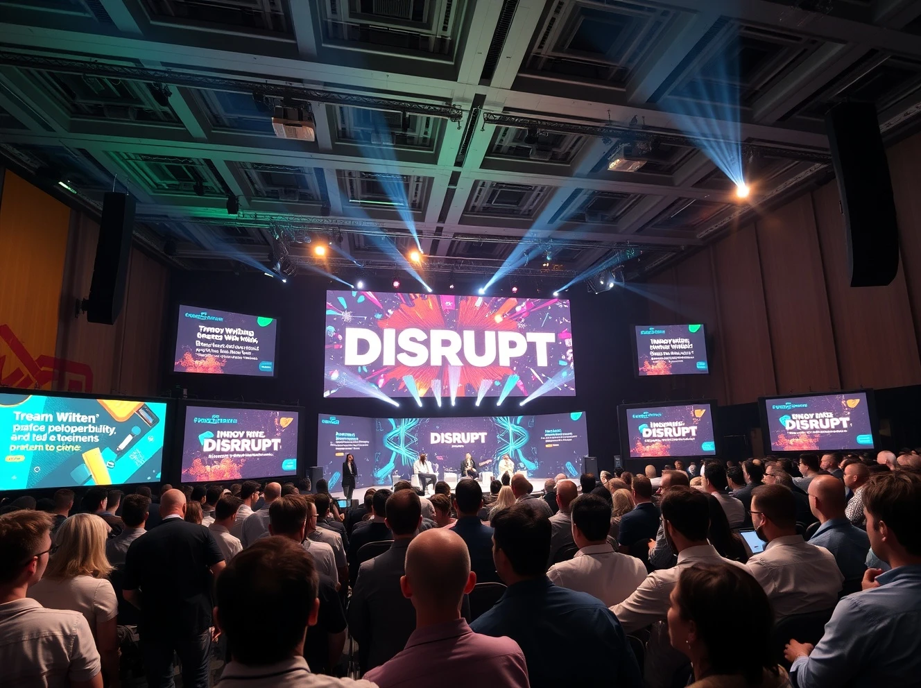 StockPil Disrupt 2025 conference main stage with excited tech audience and innovative speaker presentations