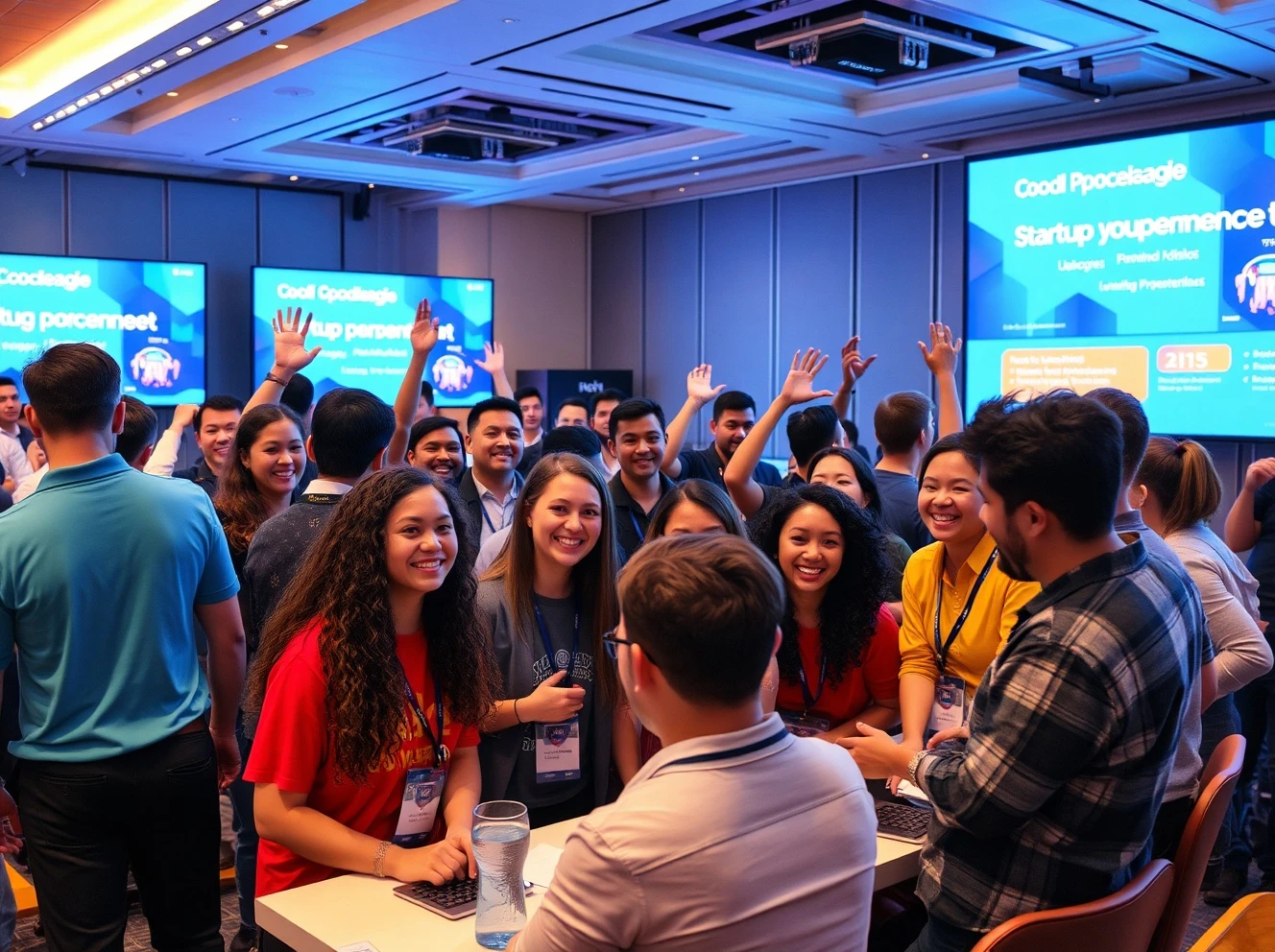 Volunteers collaborating at StockPil Disrupt 2025 tech conference helping startups and innovators