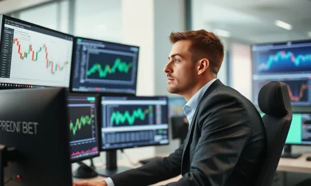 Professional trader implementing successful spread betting strategy with multiple market analysis screens