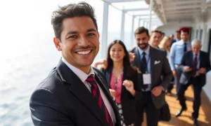 Sugo Succo demonstrating exceptional cruise industry career leadership while assisting passengers