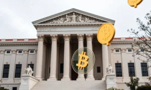 Supreme Court reviewing Trump cryptocurrency policy with digital assets visualization