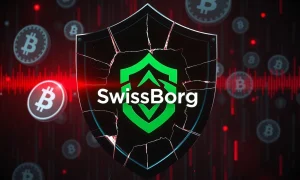 SwissBorg hack security breach showing compromised digital shield with cryptocurrency symbols