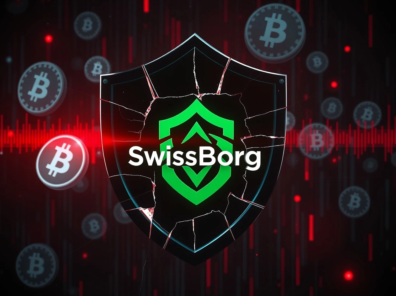 SwissBorg hack security breach showing compromised digital shield with cryptocurrency symbols